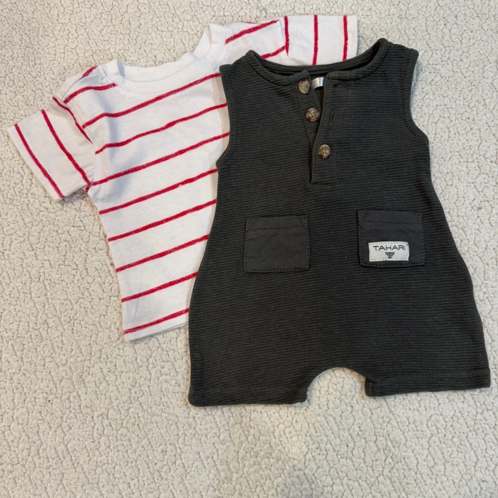 Tahari Baby Boy 0–3M Romper + Striped‎ Tee Set